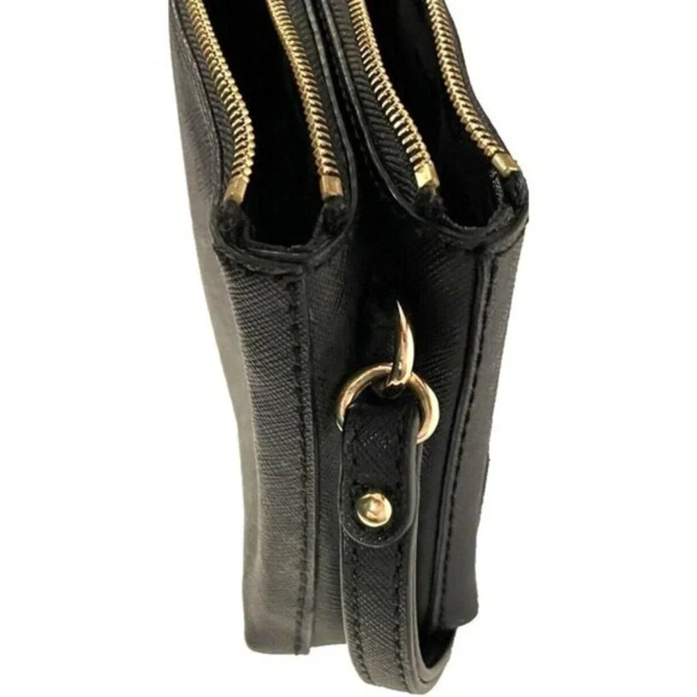 Michael Kors Black Leather Double Zip Wristlet‎ Wallet Clutch Purse Gold Tone